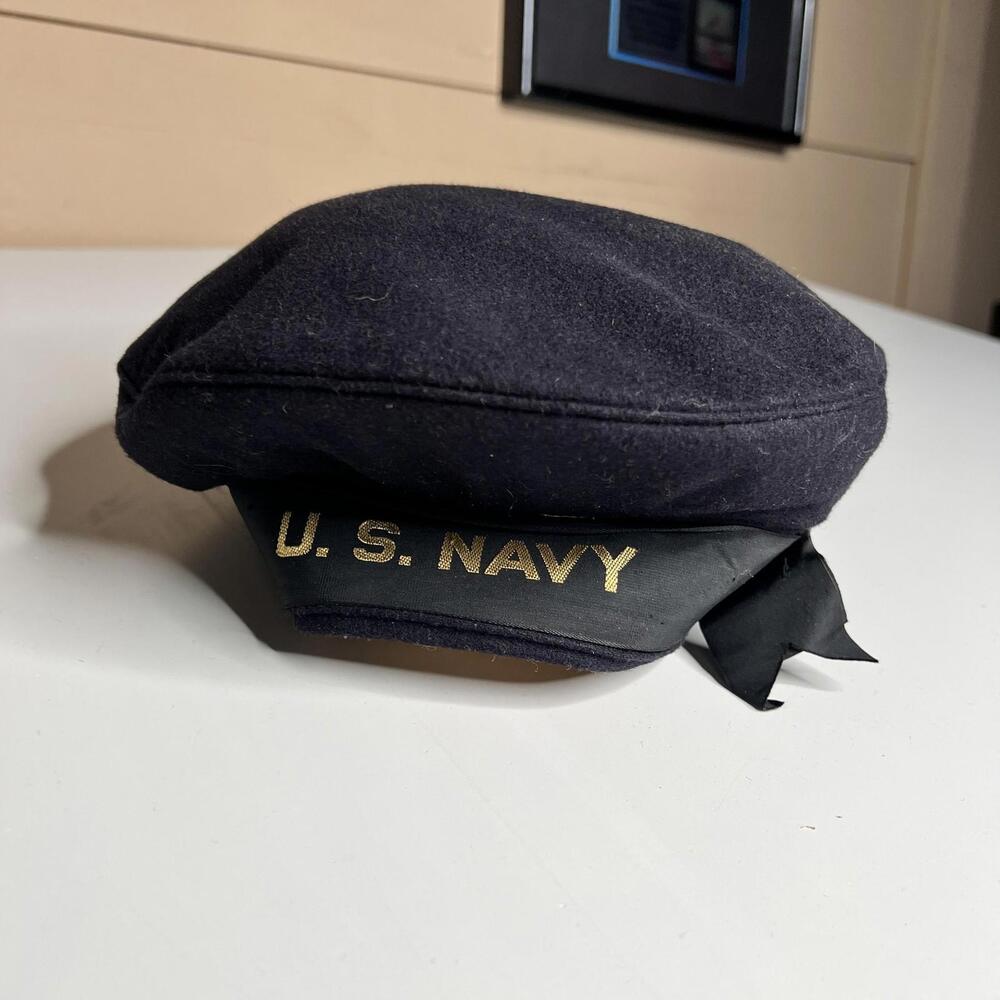 WW2 Vintage U.S.‎ Navy Hat Cap Fitted Mens 7 Blue Wool Sailor Mariner Ribbon